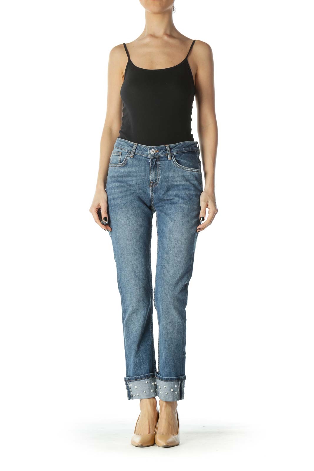 Blue Slim Cuffed Pearl Jeans