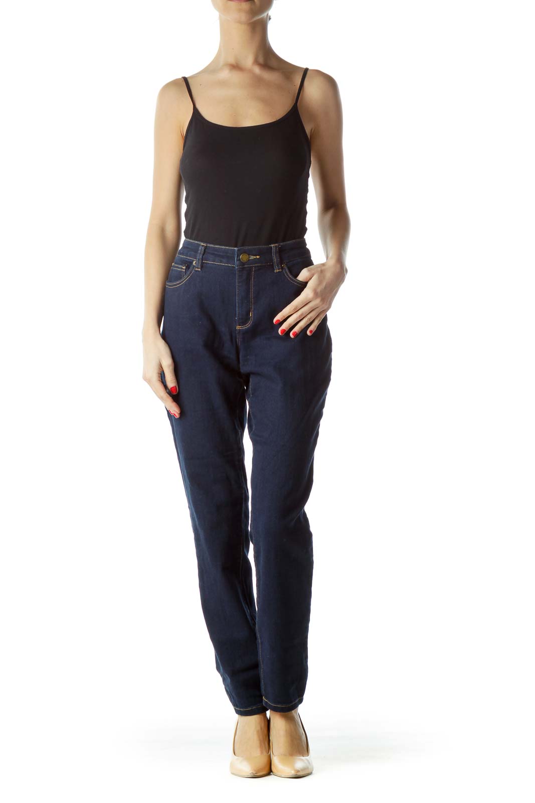 Front view of MICHAEL Michael Kors dark blue straight leg jeans