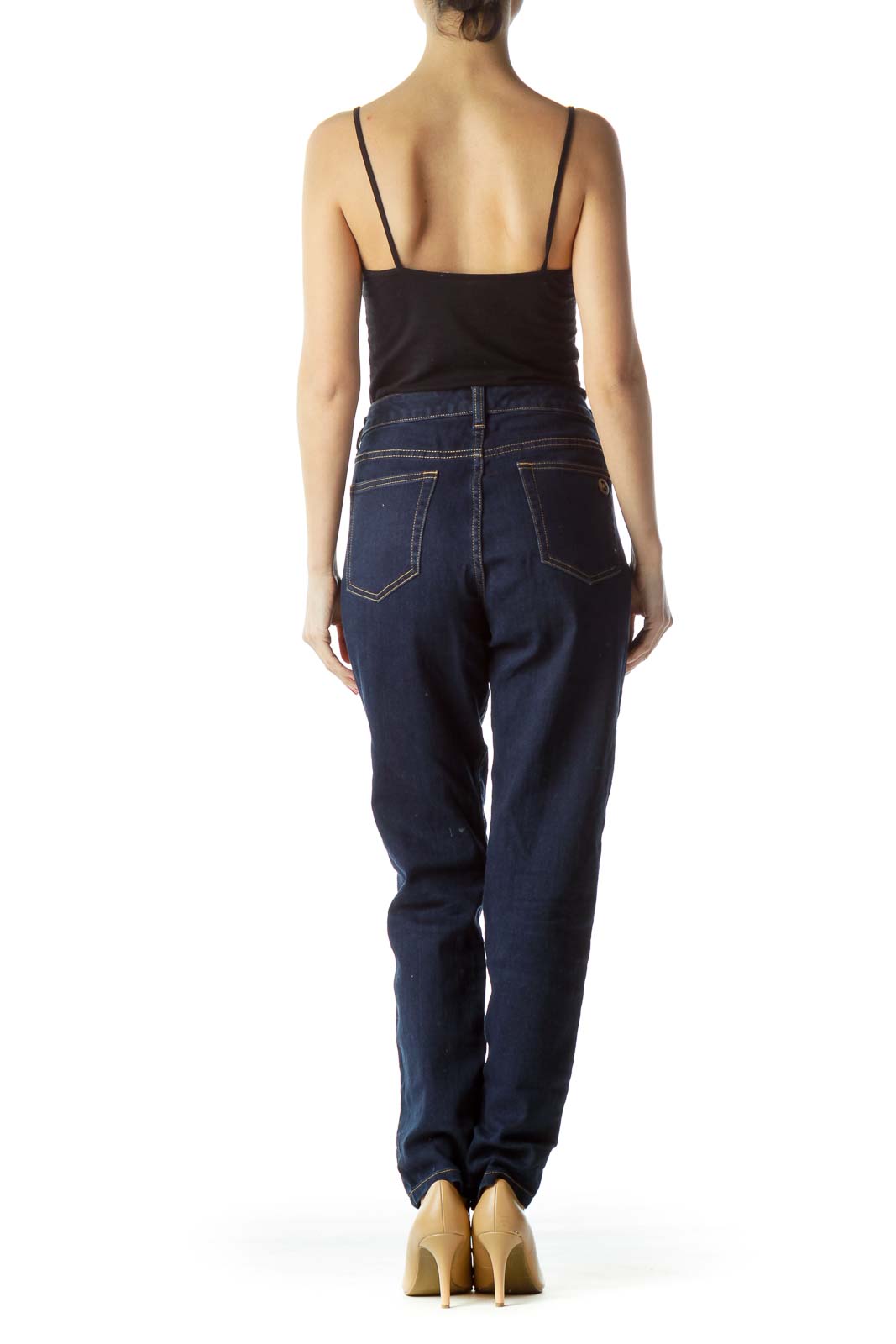 Back view of MICHAEL Michael Kors dark blue straight leg jeans on model