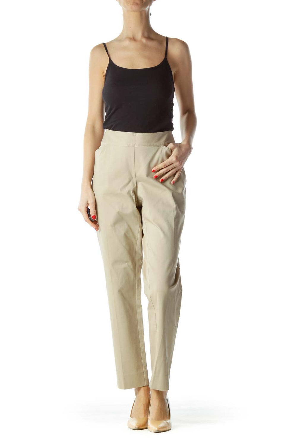 Front view of White House Black Market beige straight-leg pants