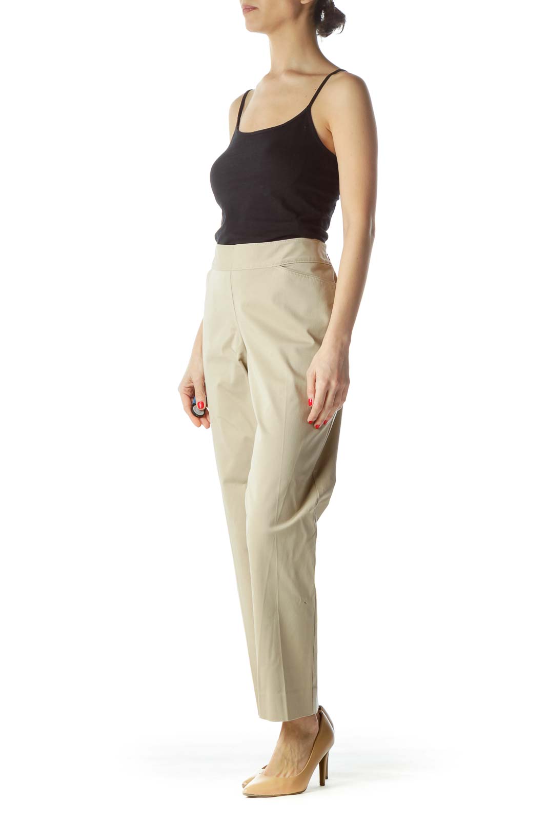 Front view of White House Black Market beige straight-leg pants