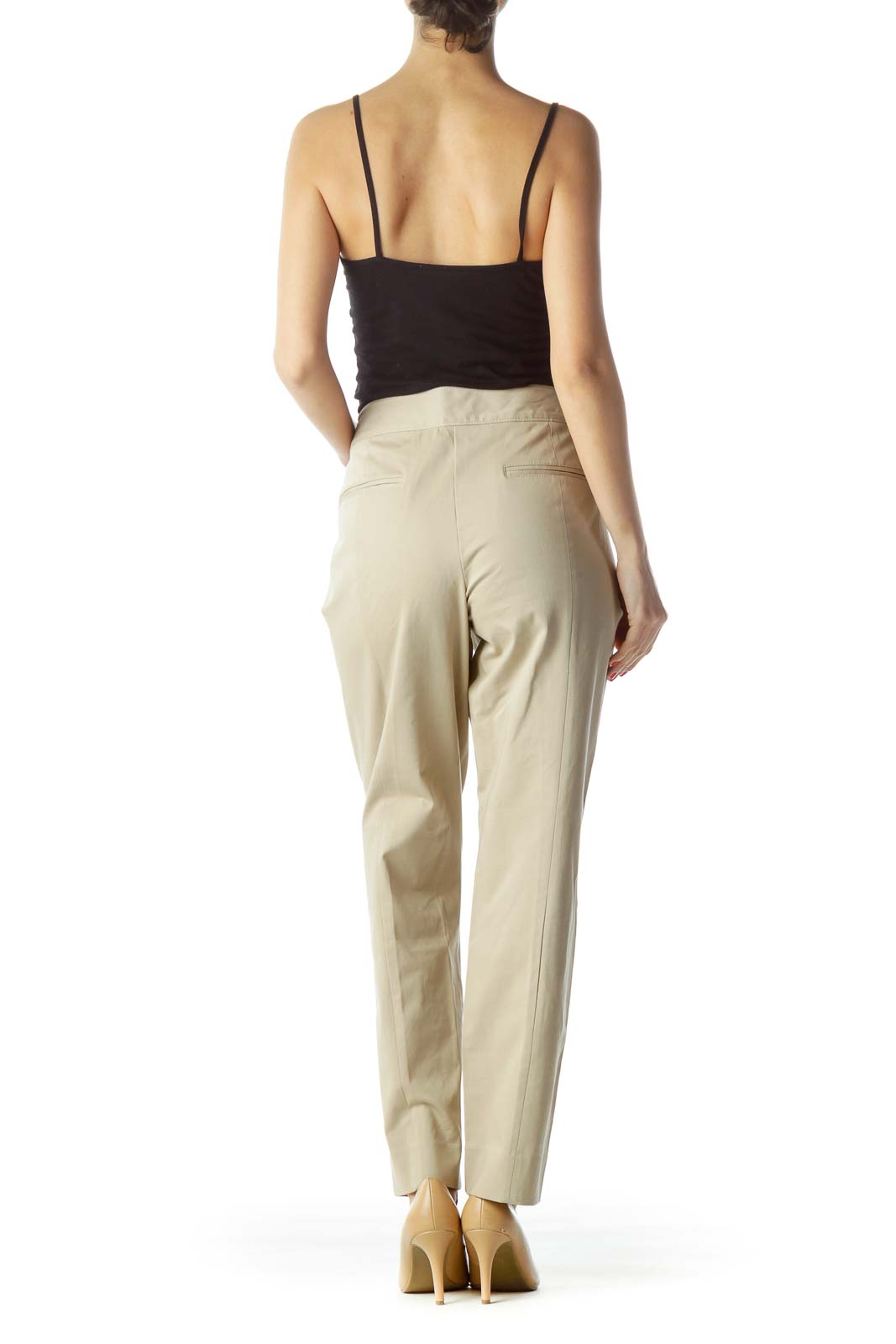 Back view of White House Black Market beige straight-leg pants on model