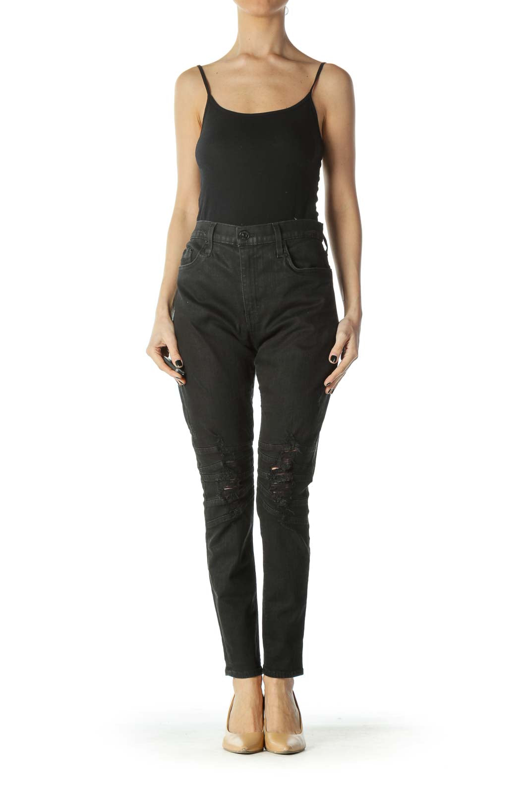 Black Distressed Textured Stretch Skinny Jeans