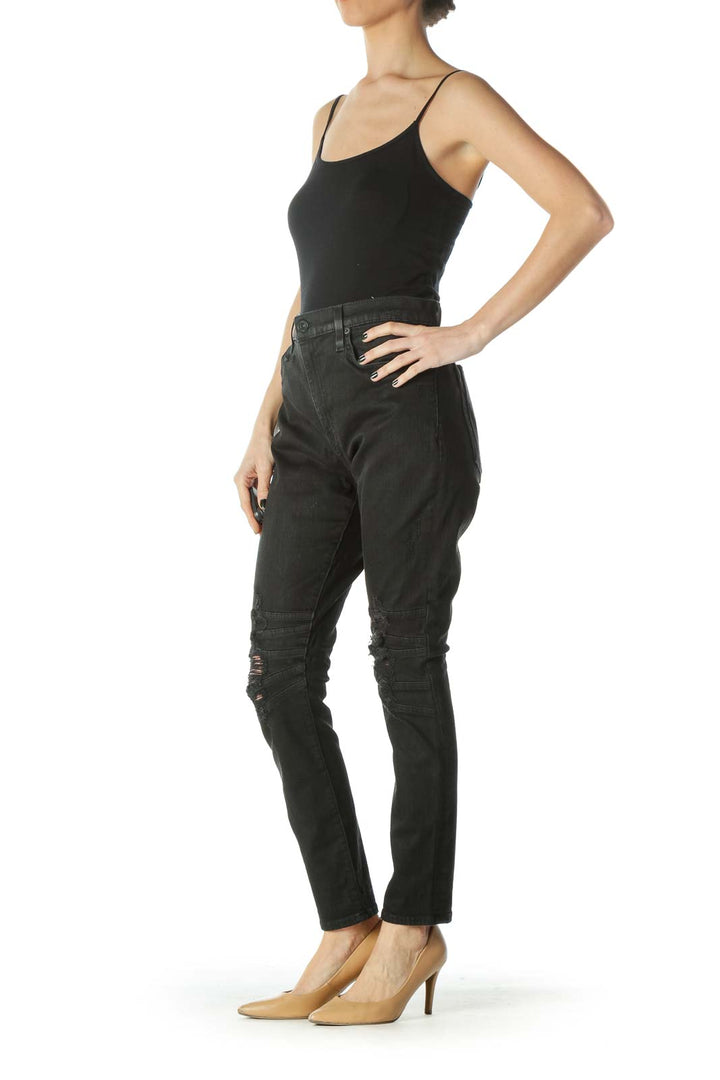 Black Distressed Textured Stretch Skinny Jeans