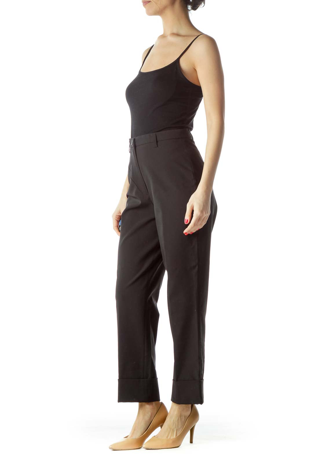 Black High-Waisted Rolled-Up Legs Pants