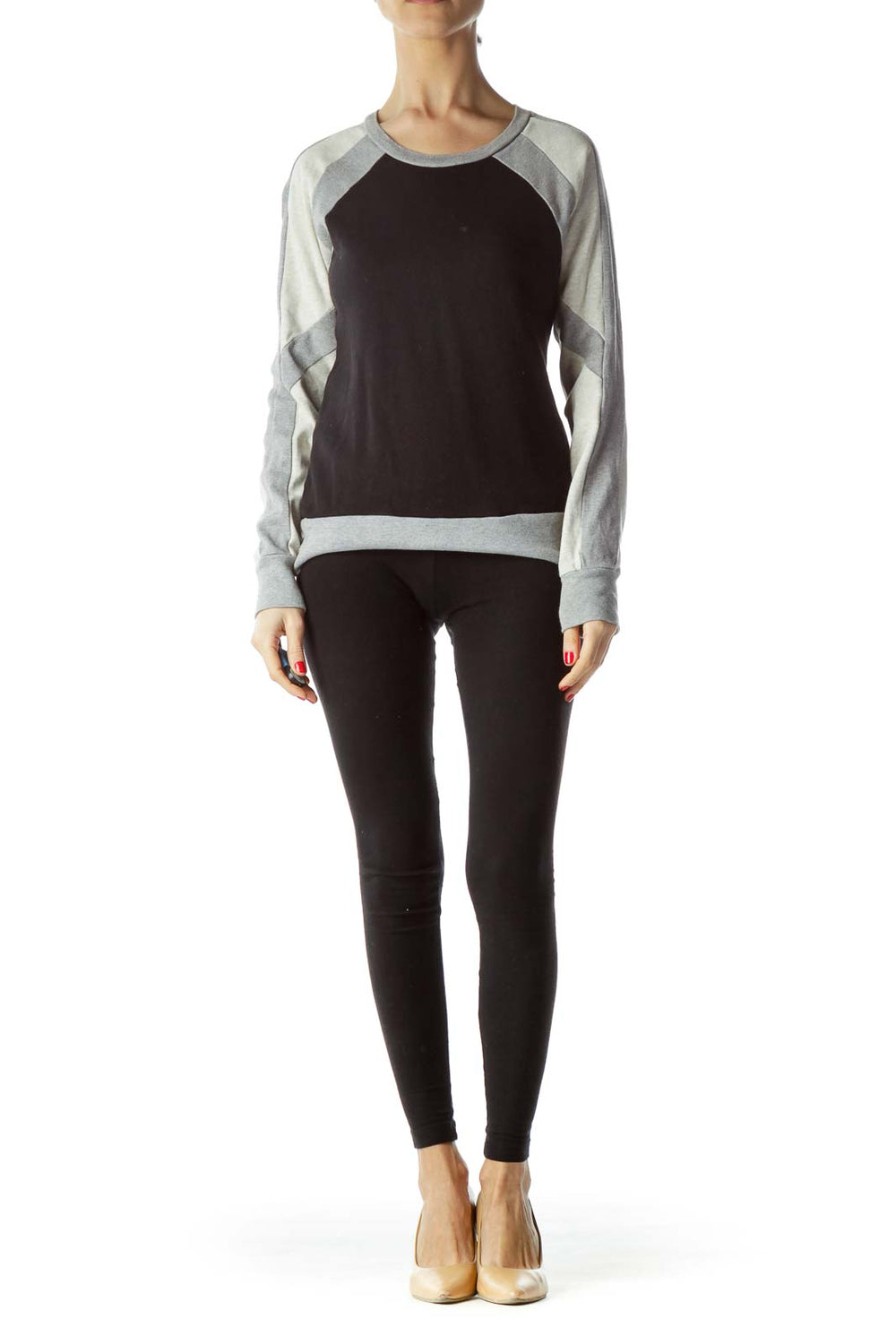 Front view of J.Crew black and gray colorblock raglan sweater