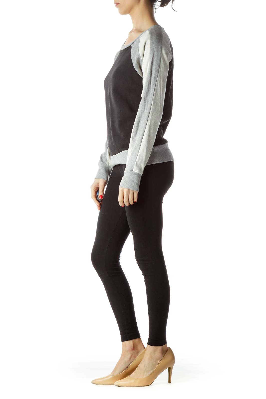 Front view of J.Crew black and gray colorblock raglan sweater