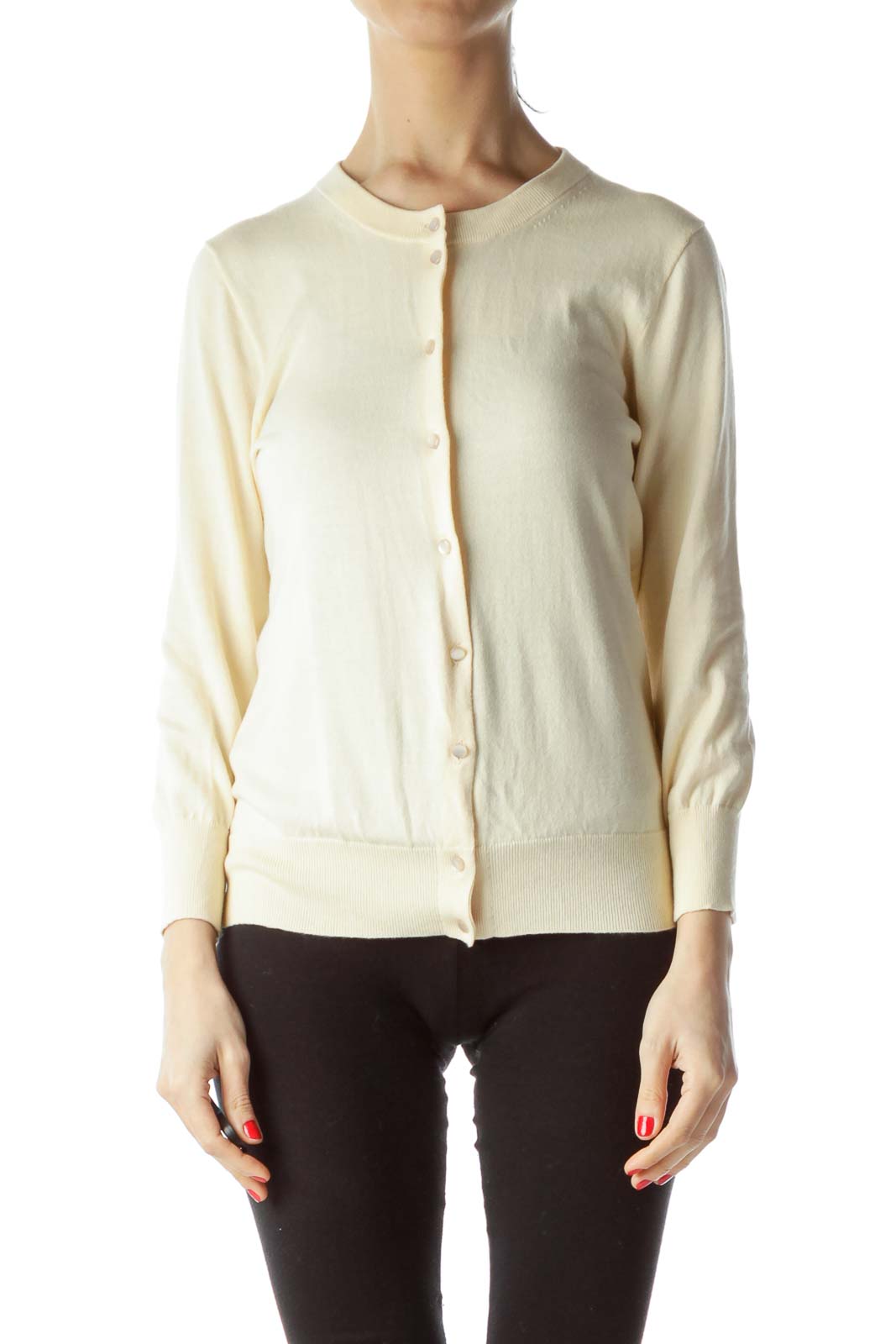 Front view of cream J.Crew button-up cardigan sweater on model