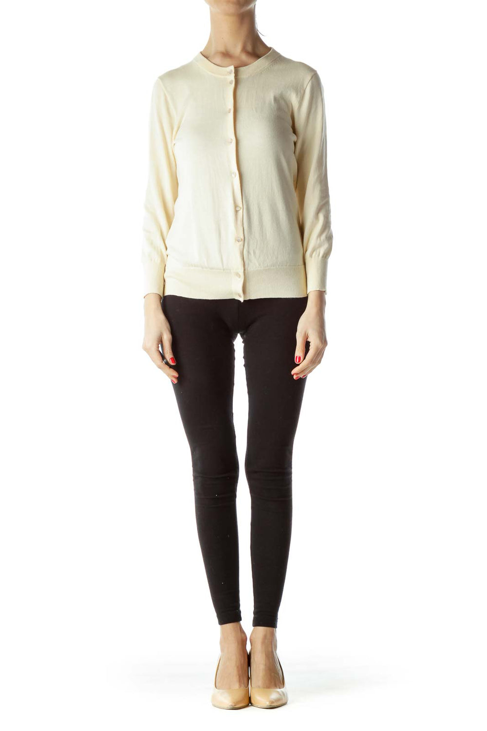 Front view of cream J.Crew button-up cardigan sweater on model