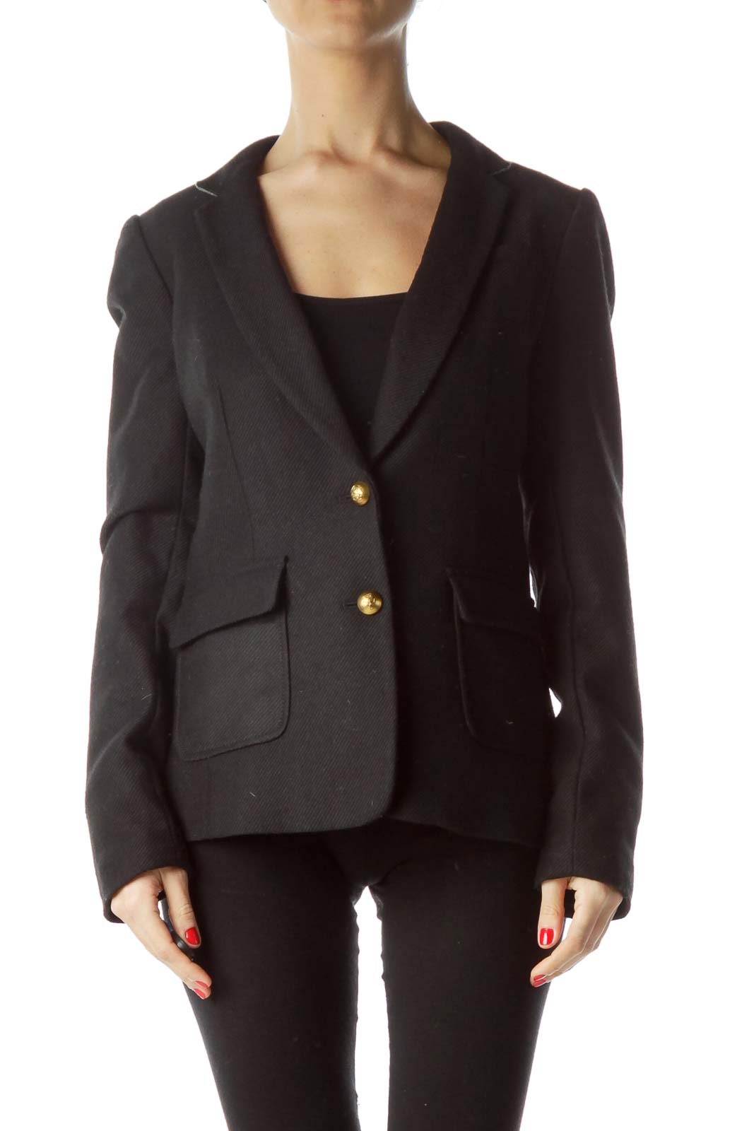 Front view of black Banana Republic tailored blazer with notched lapels