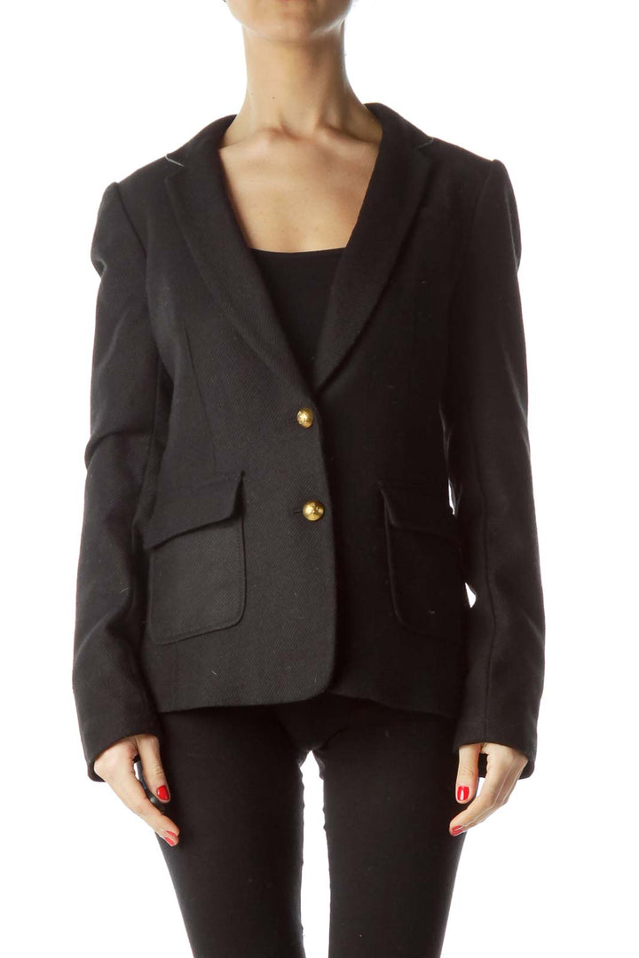 Front view of black Banana Republic tailored blazer with notched lapels