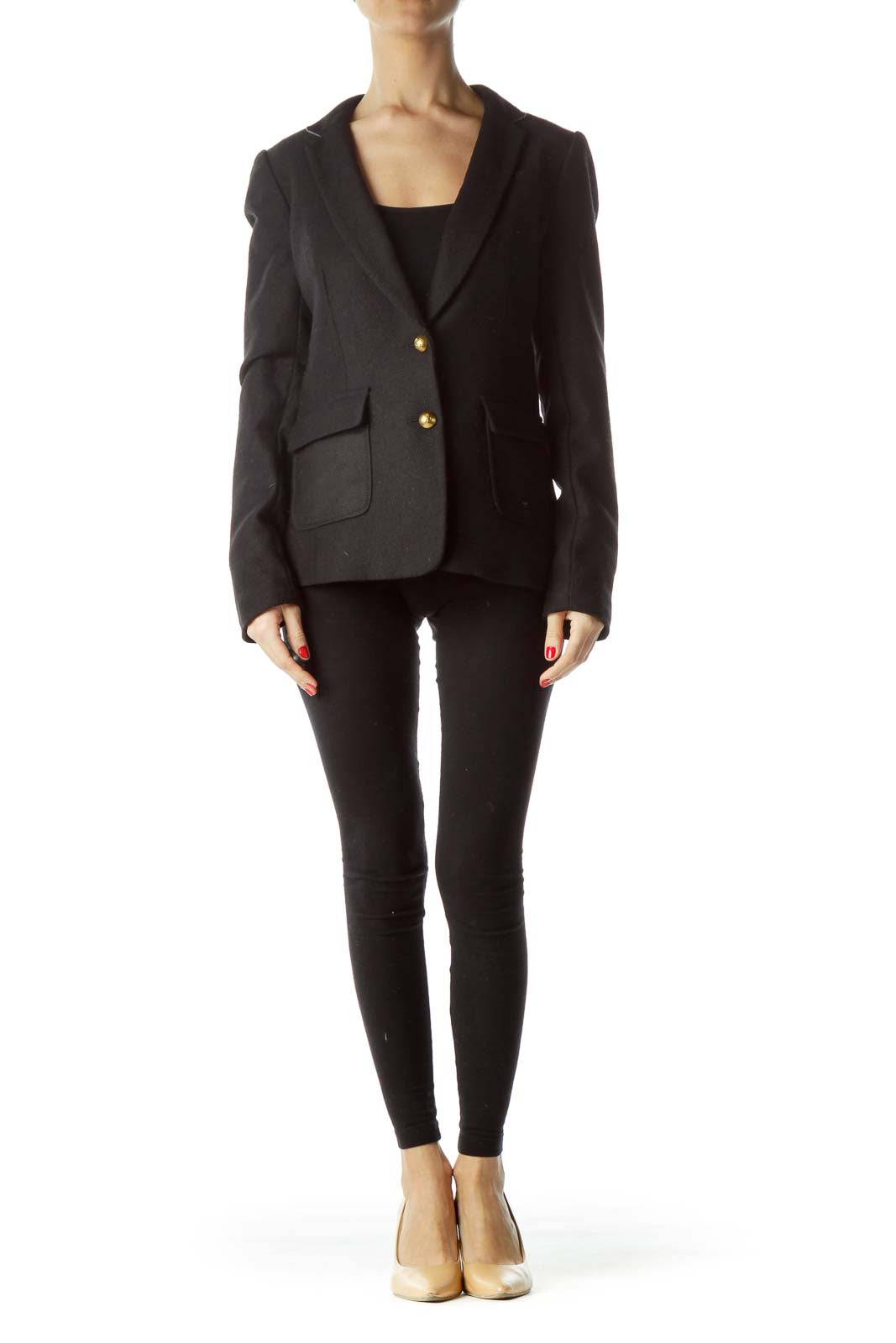 Front view of black Banana Republic tailored blazer with notched lapels