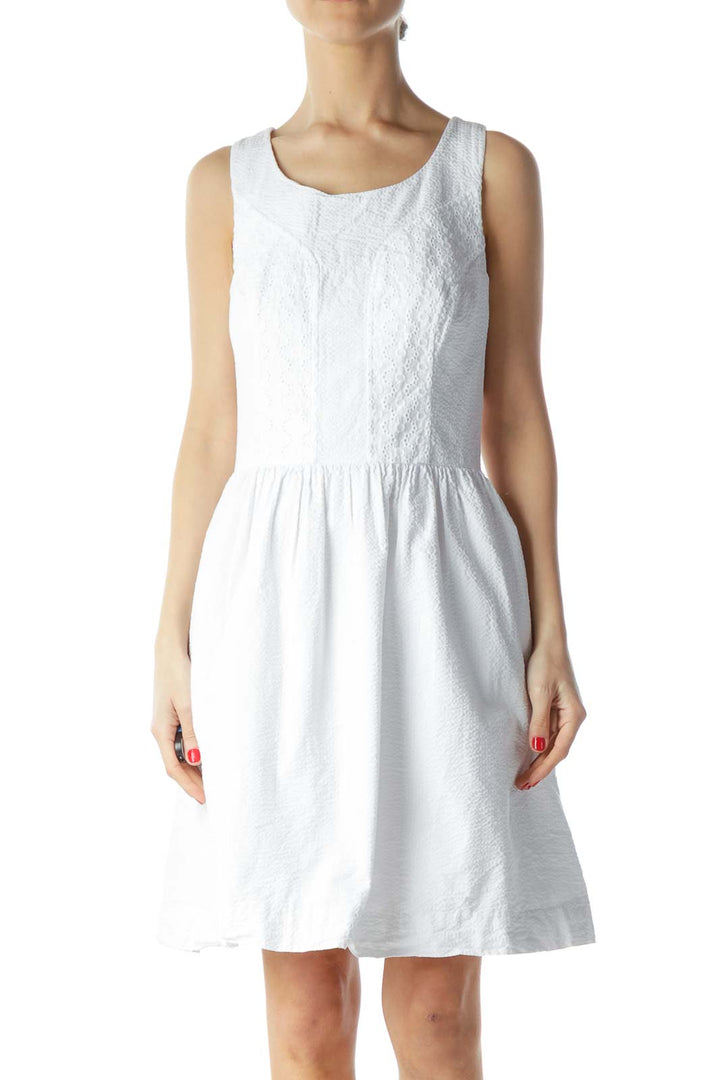 White Knit Textured 100% Cotton A-Line Dress