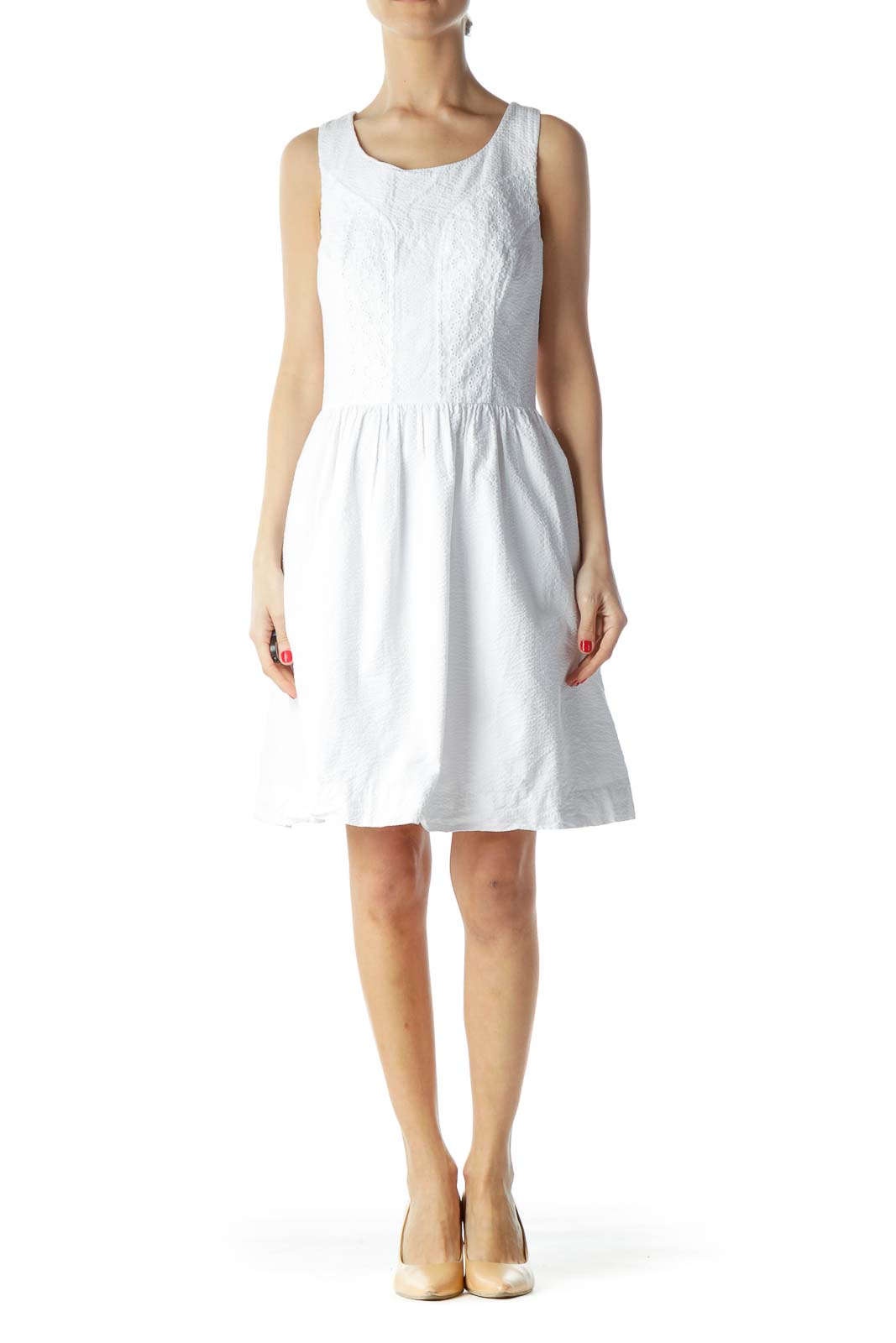 White Knit Textured 100% Cotton A-Line Dress