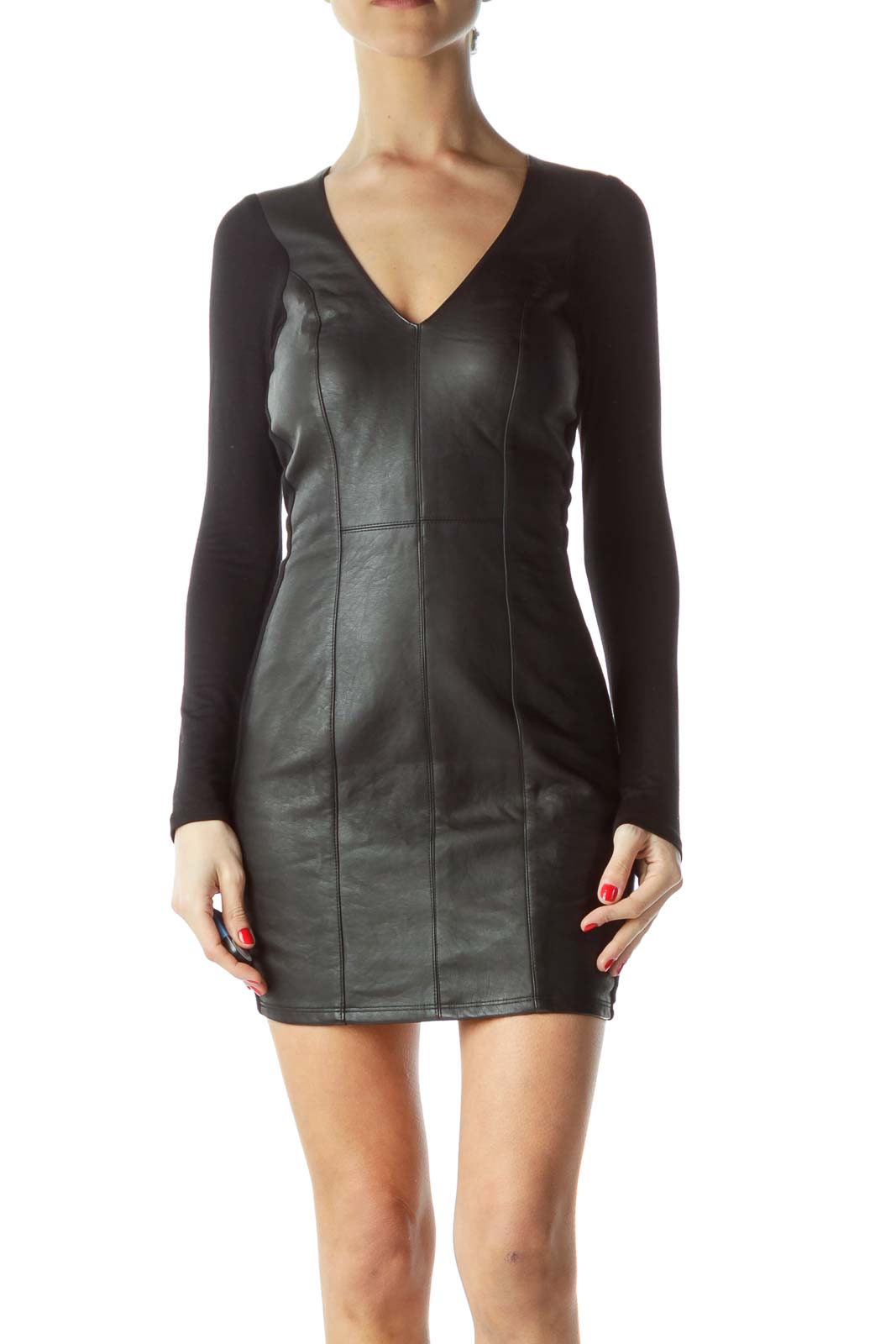 Front view of SKY Black Leather V-Neck Mini Dress with form-fitting silhouette