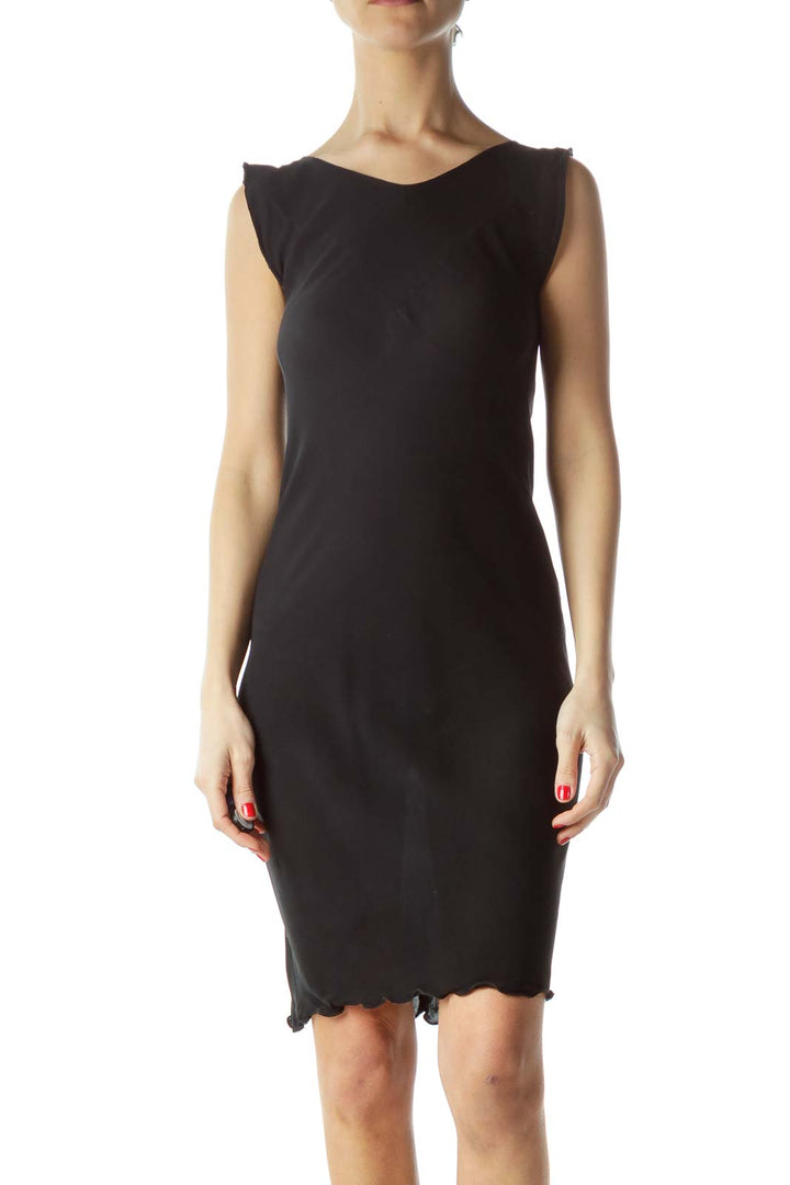 Front view of Shibori black sleeveless bodycon dress with V-neckline