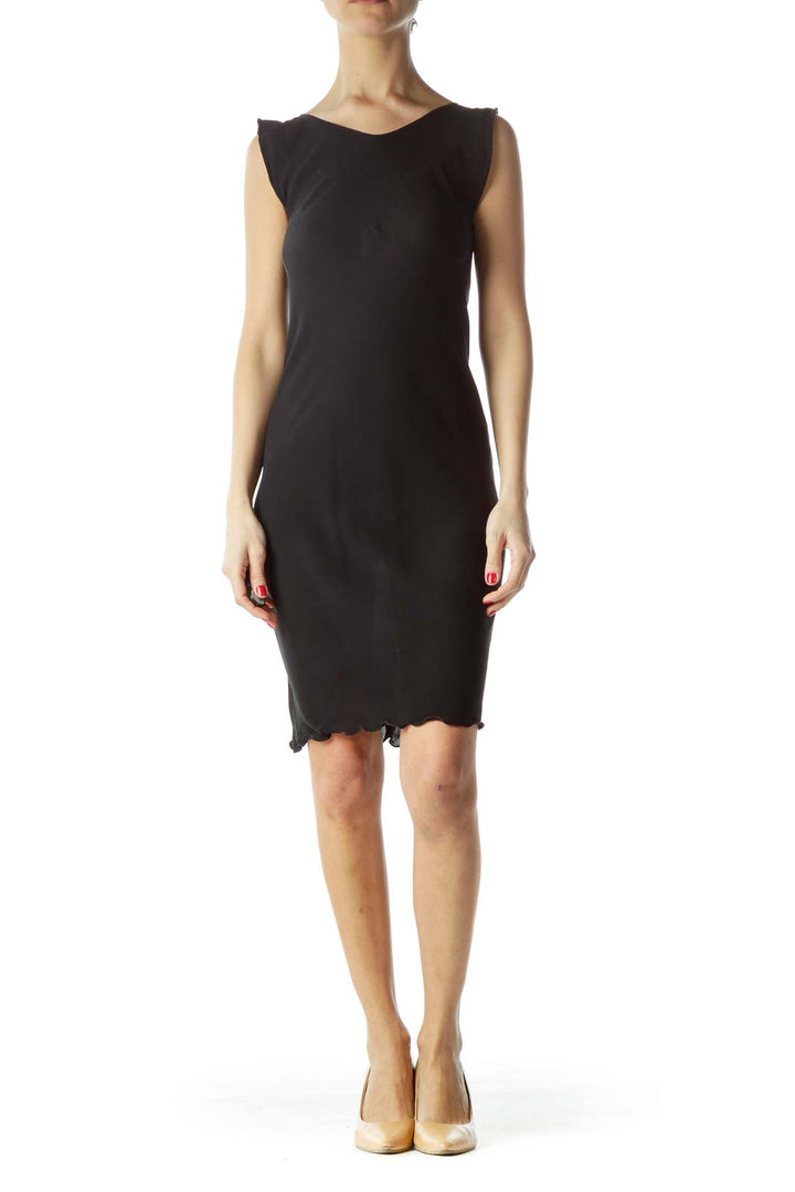 Front view of Shibori black sleeveless bodycon dress with V-neckline