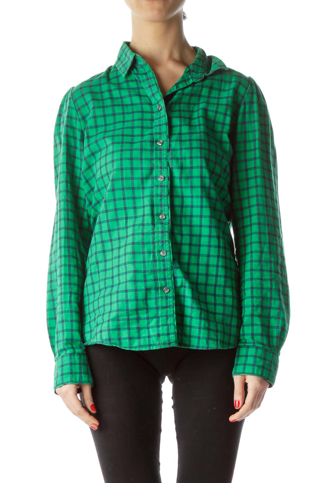 Front view of green plaid button-down shirt from Banana Republic