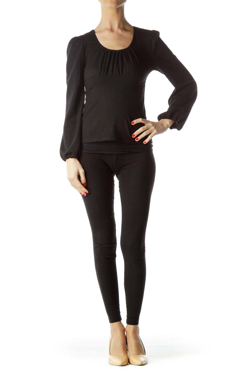 Front view of Erica Tanov black long-sleeve knit top with gathered scoop neckline