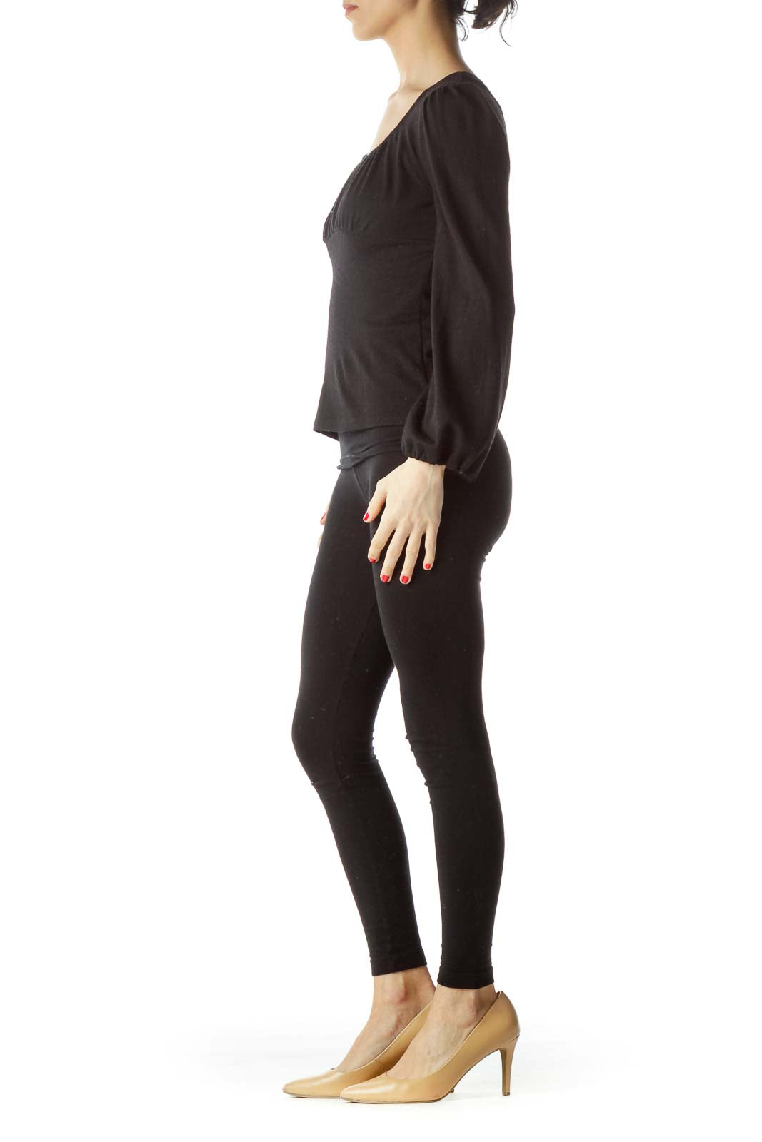 Front view of Erica Tanov black long-sleeve knit top with gathered scoop neckline