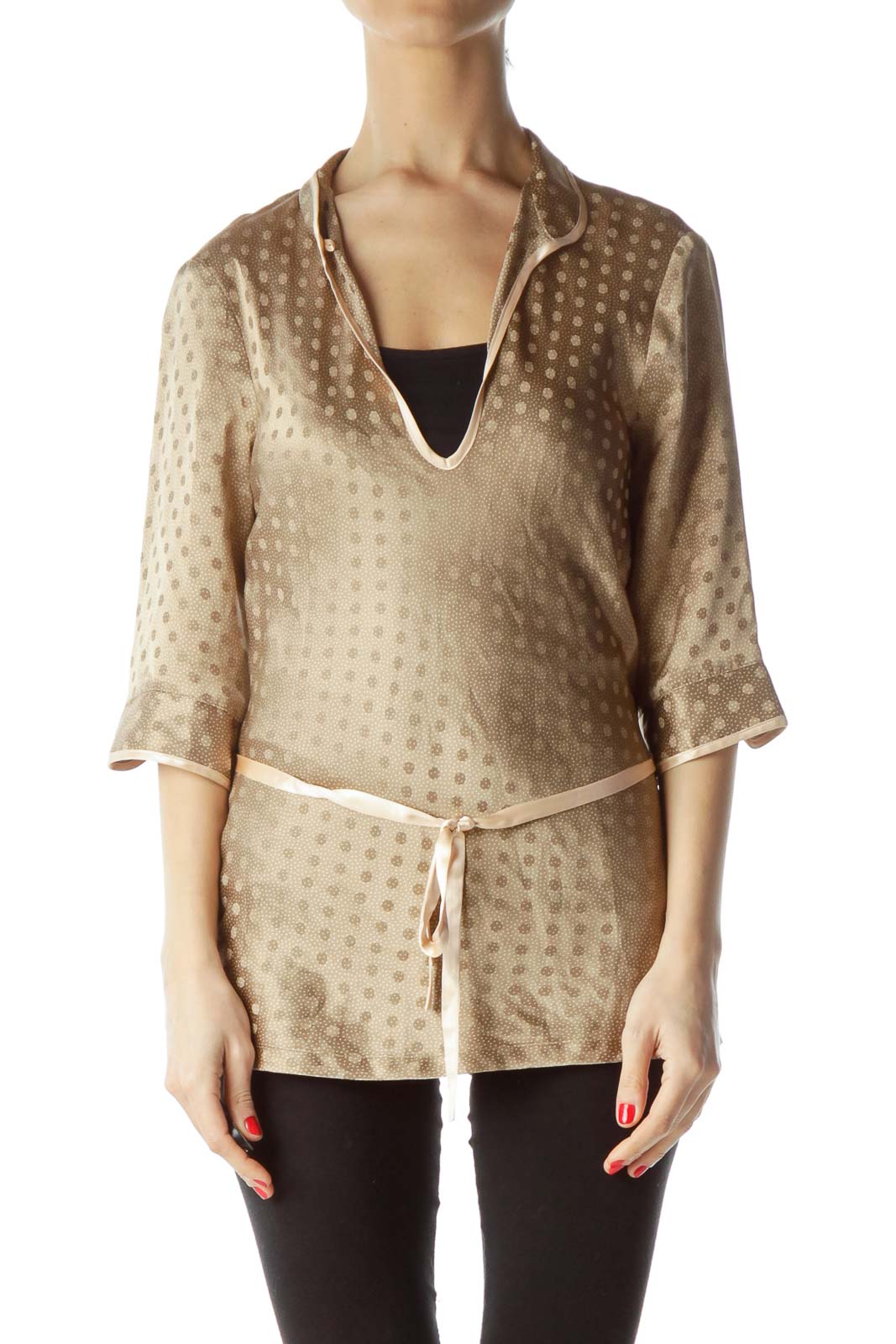 Front view of beige polka dot sheer tunic top with V-neck and waist tie