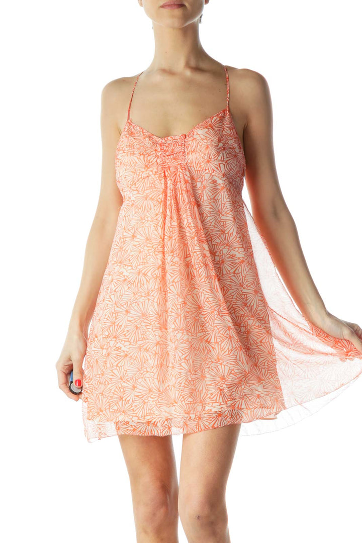 Orange Print Adjustable Spaghetti Strap Flared Dress