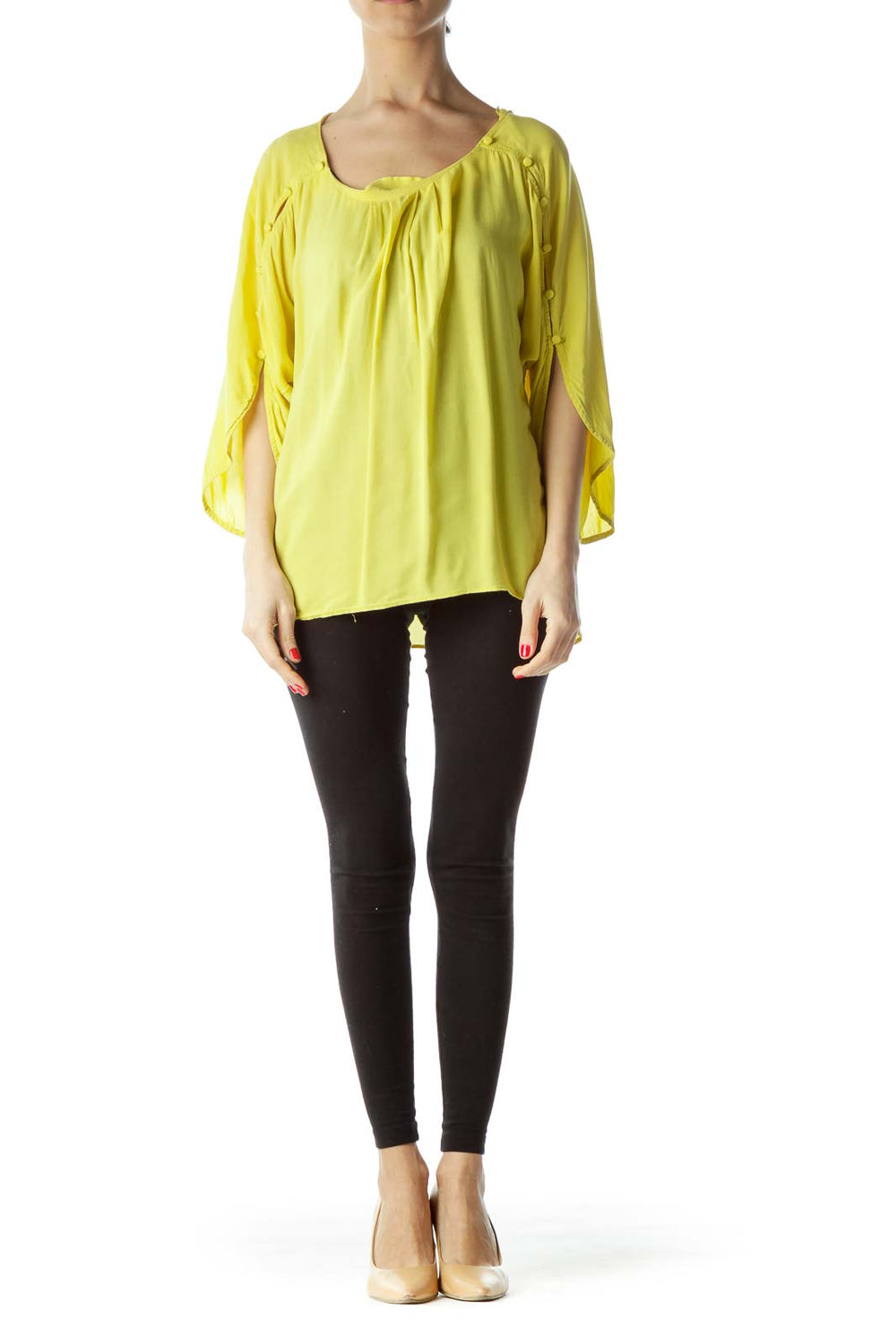 Front view of yellow Maeve top with batwing sleeves