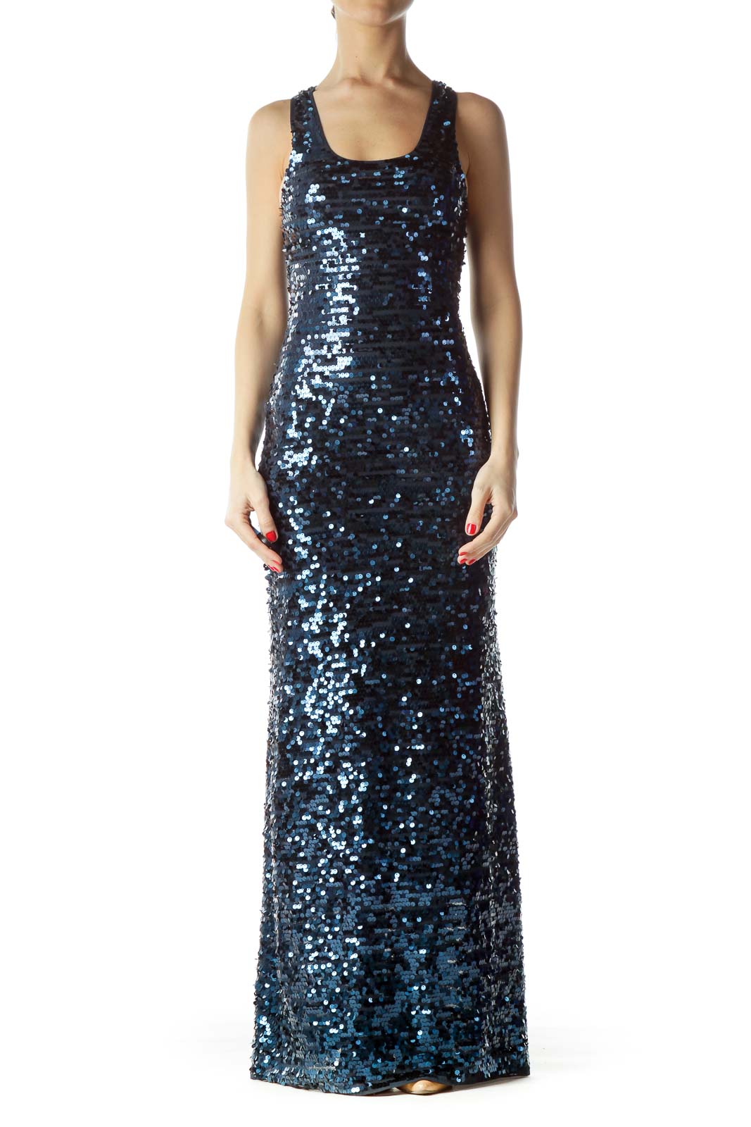 Front view of BCBG MaxAzria navy sequin evening gown