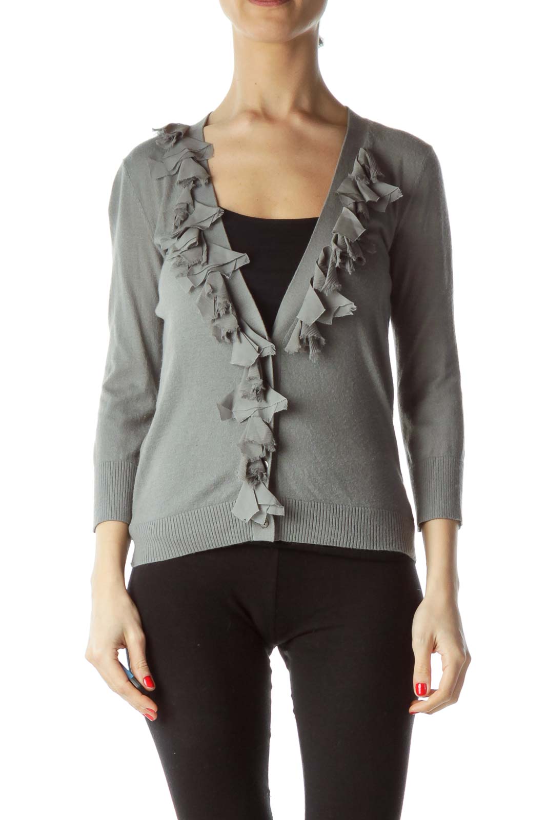 Front view of gray Club Monaco cardigan with ruffled V-neck