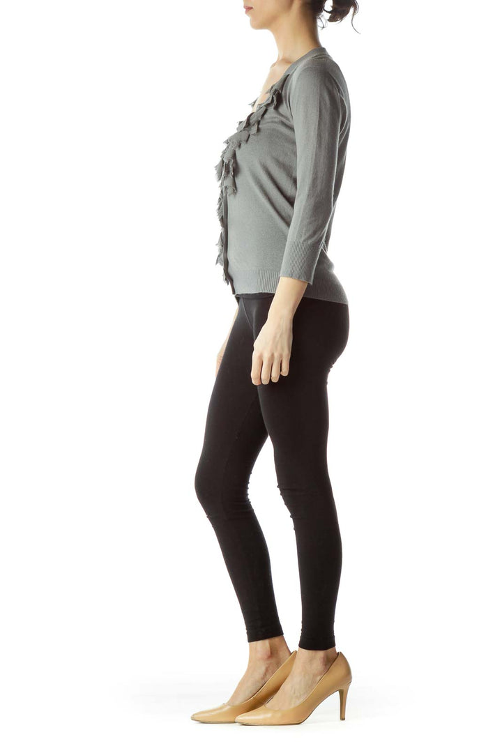 Front view of gray Club Monaco cardigan with ruffled V-neck