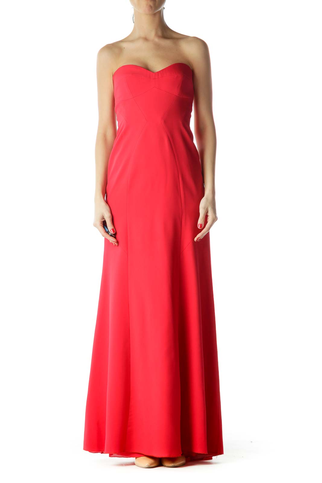 Front view of red strapless maxi dress with sweetheart neckline by BCBG MaxAzria