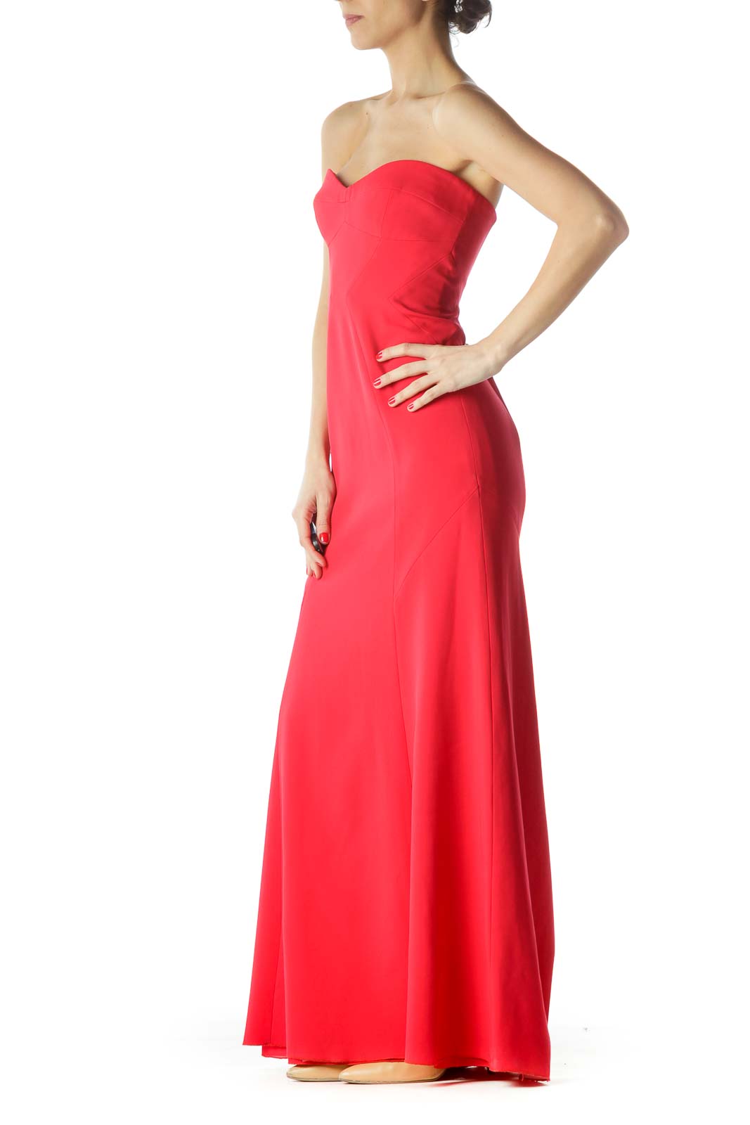 Front view of red strapless maxi dress with sweetheart neckline by BCBG MaxAzria