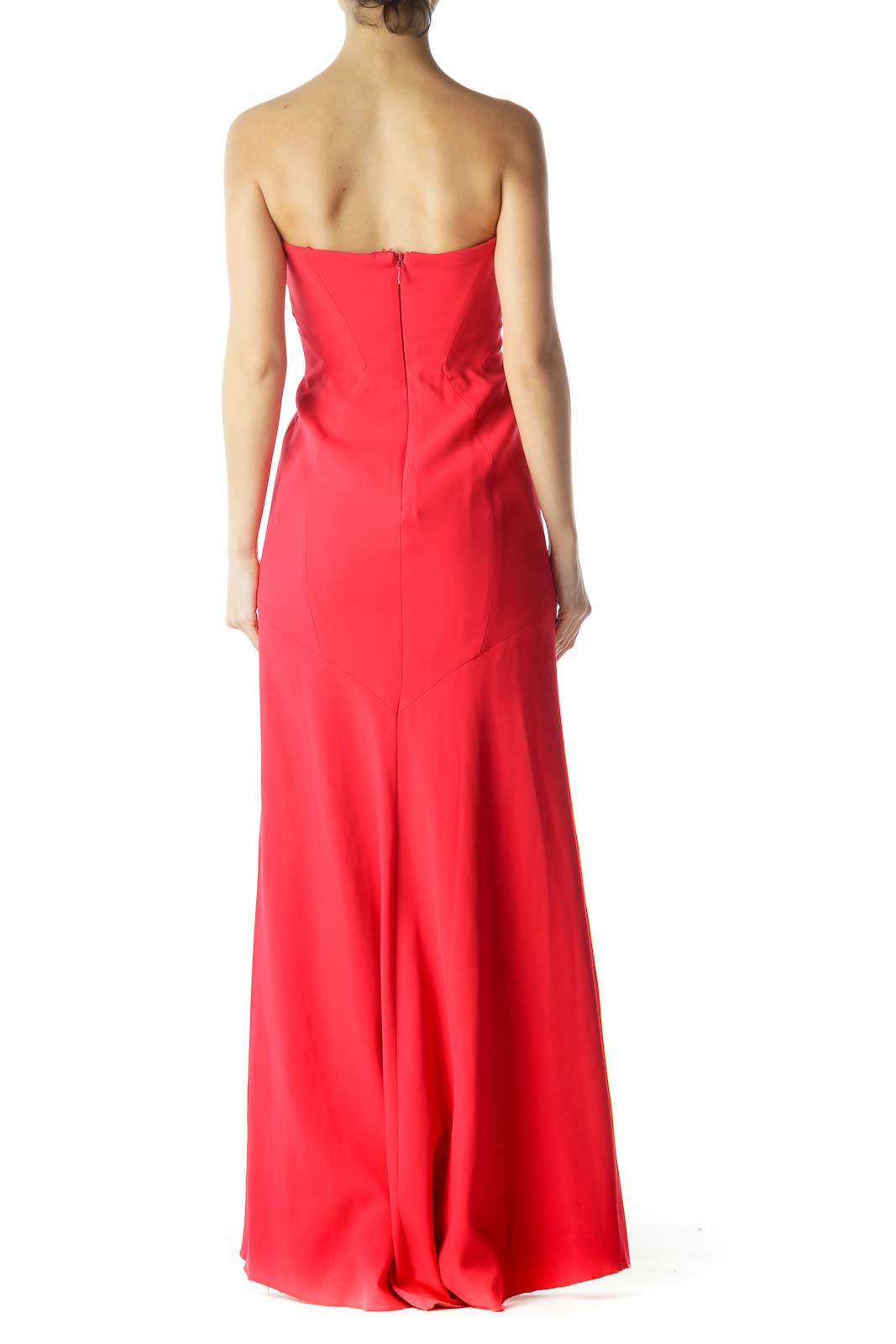 Back view of red strapless maxi dress with zipper closure by BCBG MaxAzria