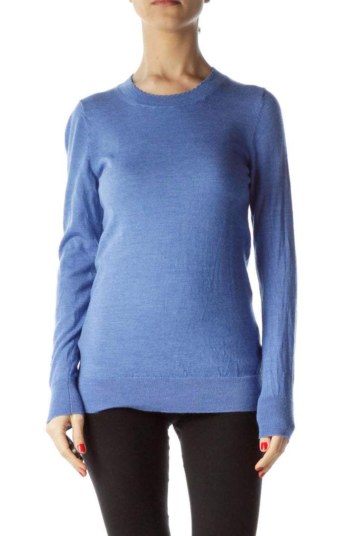 Blue Scalloped Round Neck 100% Merino Wool Sweater