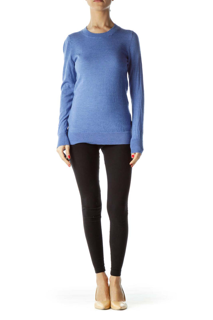 Blue Scalloped Round Neck 100% Merino Wool Sweater