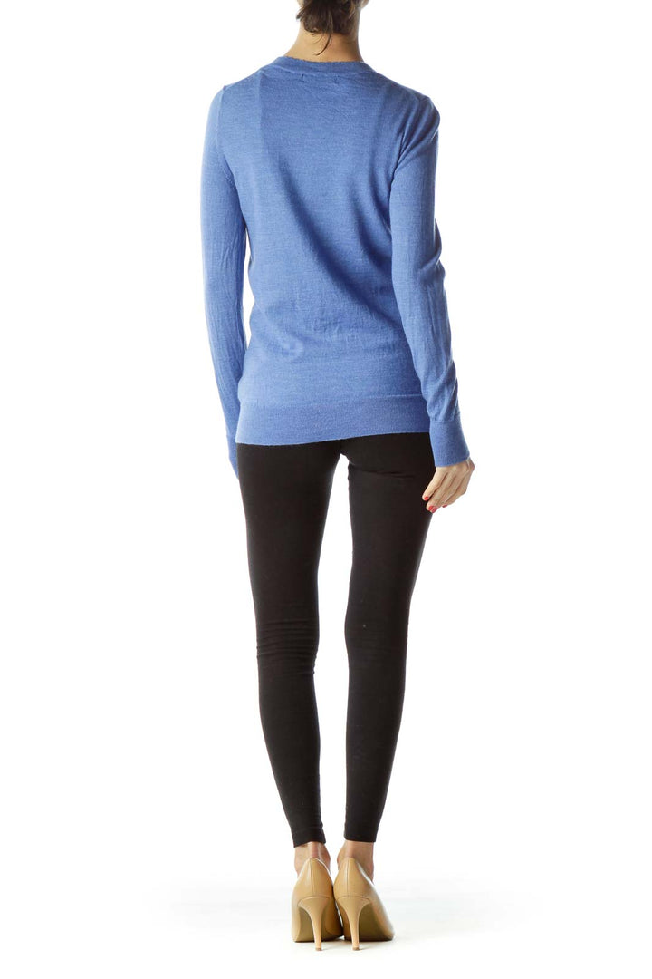 Blue Scalloped Round Neck 100% Merino Wool Sweater