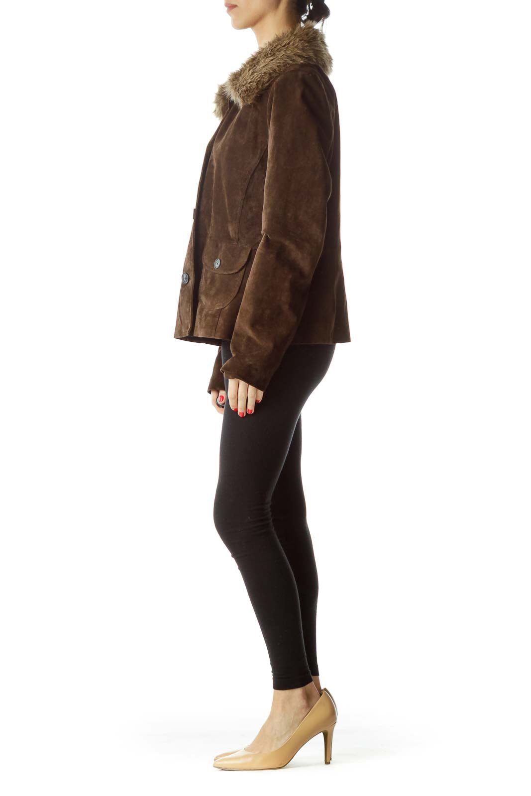 Brown Faux-Fur Collar Buttoned Leather Jacket