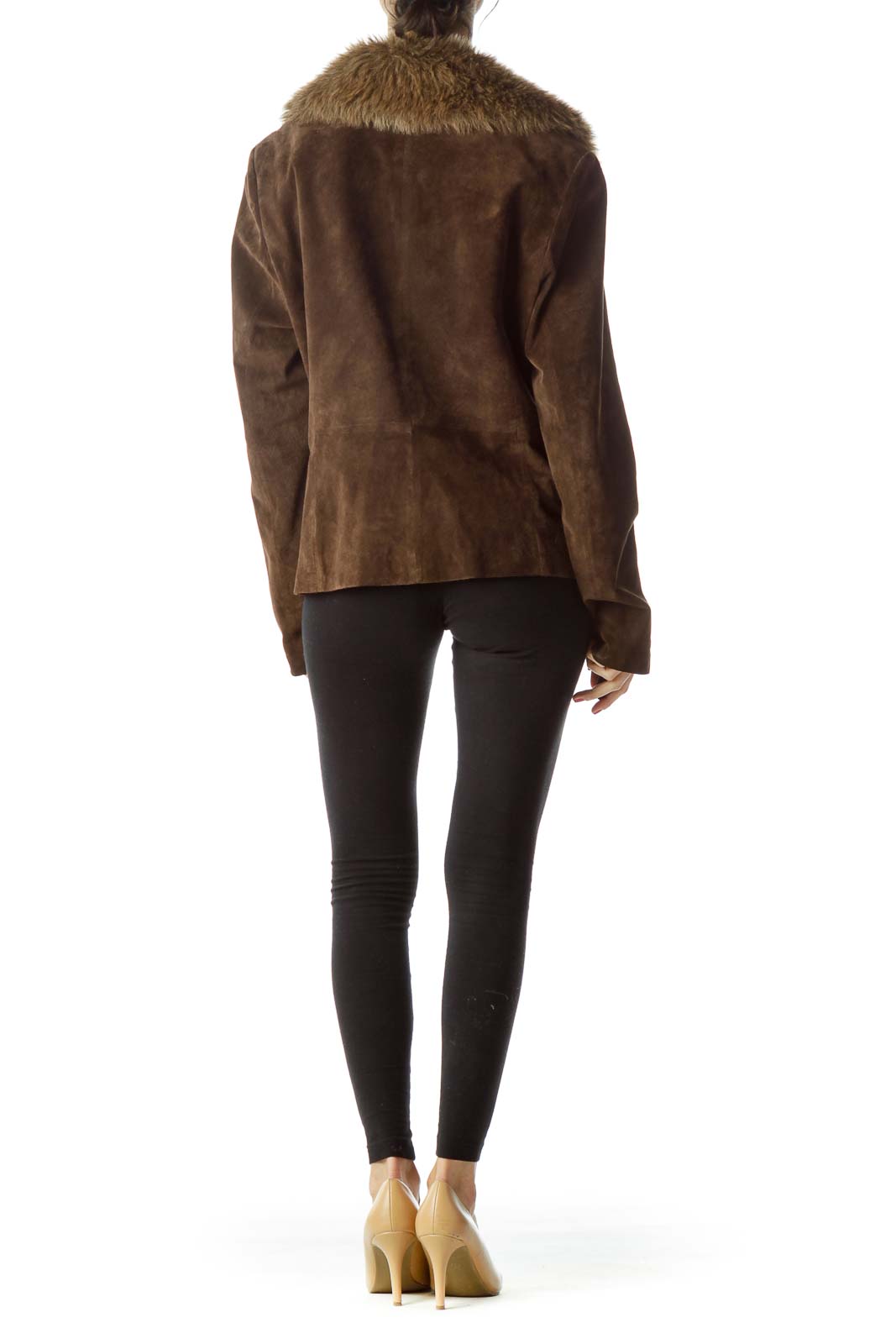 Brown Faux-Fur Collar Buttoned Leather Jacket