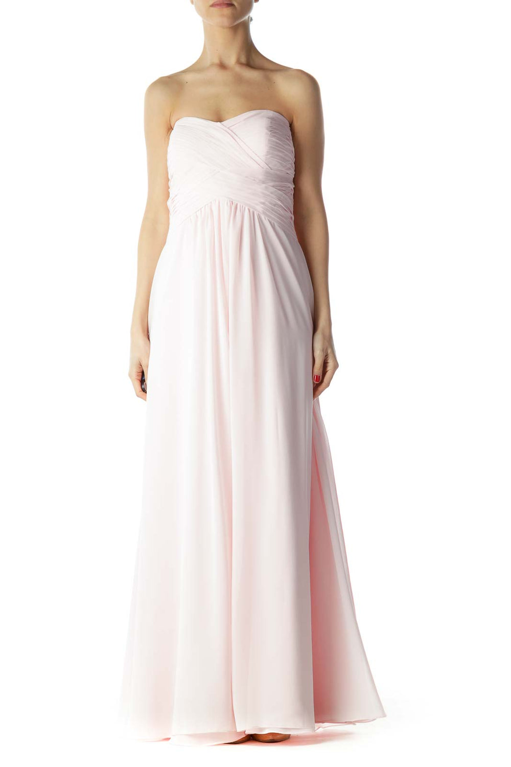 Front view of Bari Jay blush strapless maxi dress with ruched bodice