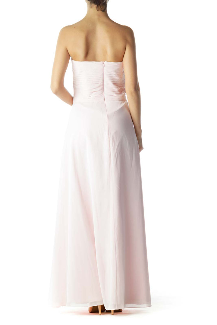 Back view of Bari Jay blush strapless maxi dress showing zipper closure