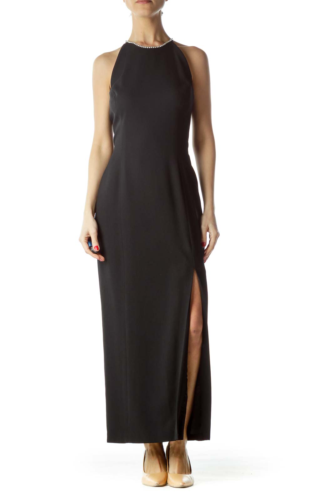 Front view of Ann Taylor black halter neck maxi dress with side slit