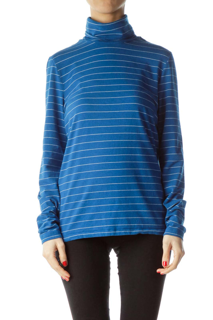 Front view of Lands' End blue striped turtleneck long sleeve top