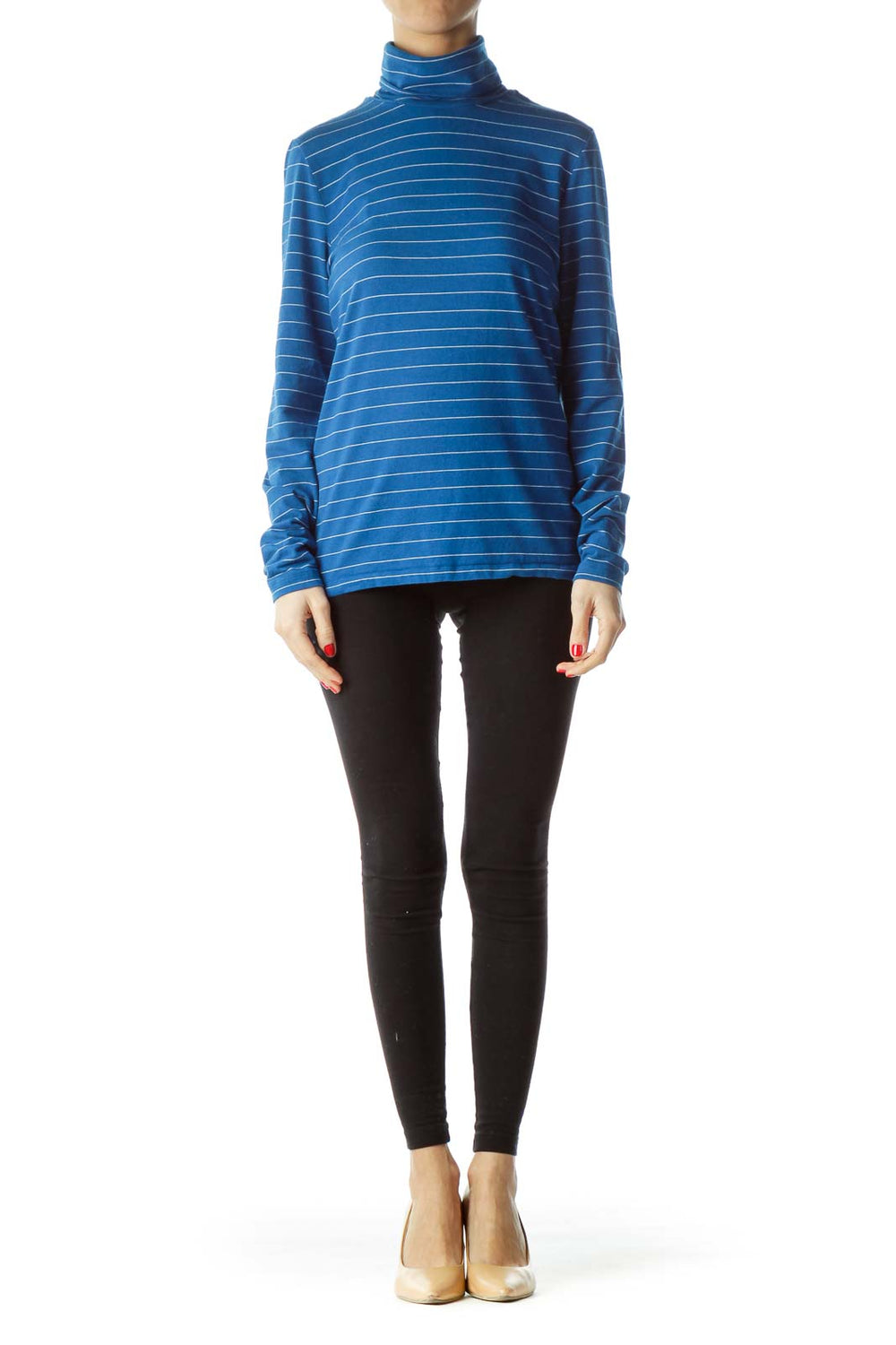 Front view of Lands' End blue striped turtleneck long sleeve top