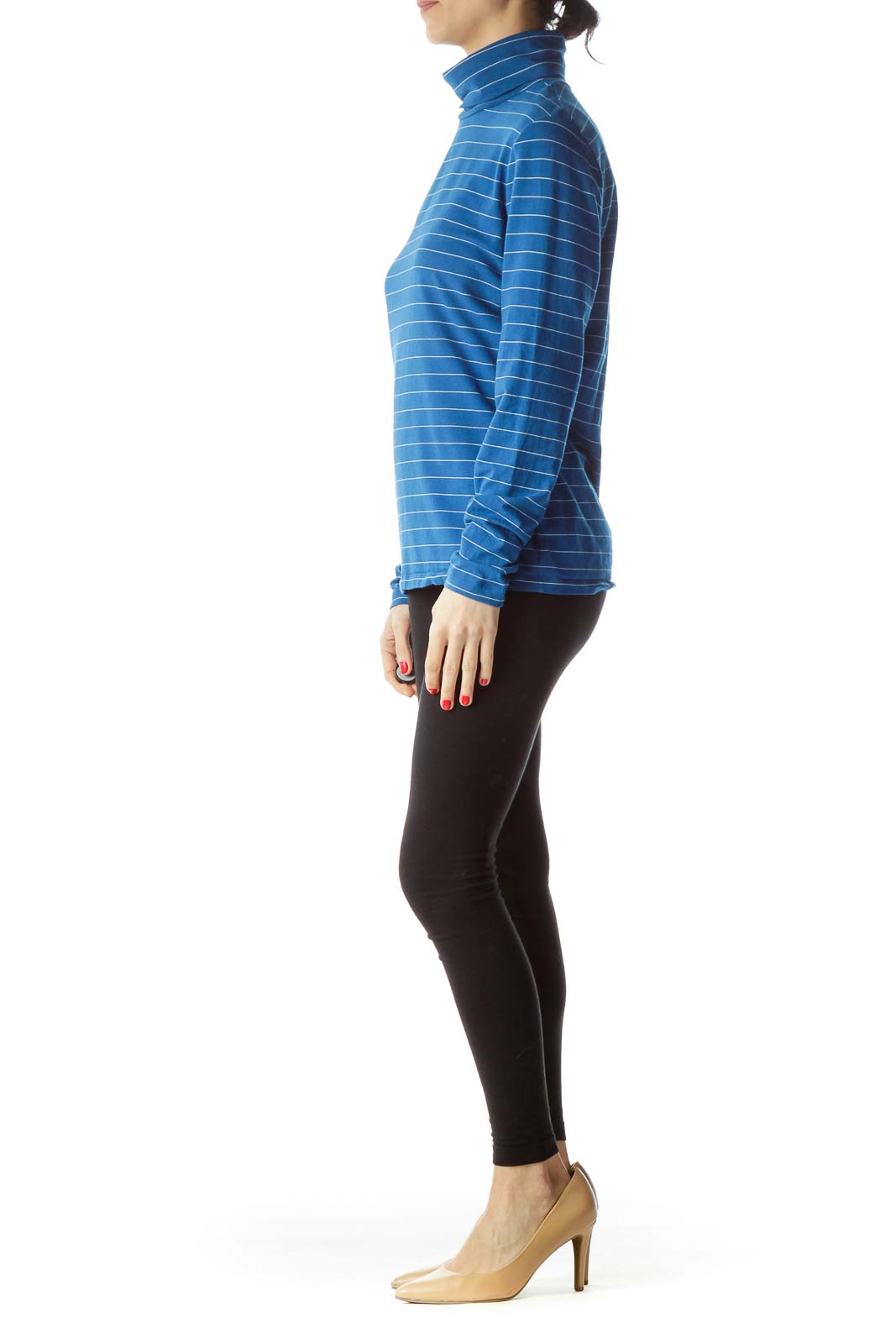 Front view of Lands' End blue striped turtleneck long sleeve top