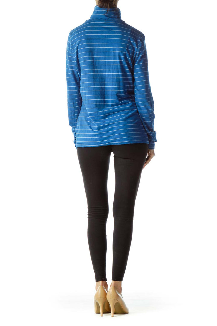 Back view of Lands' End blue striped turtleneck long sleeve top