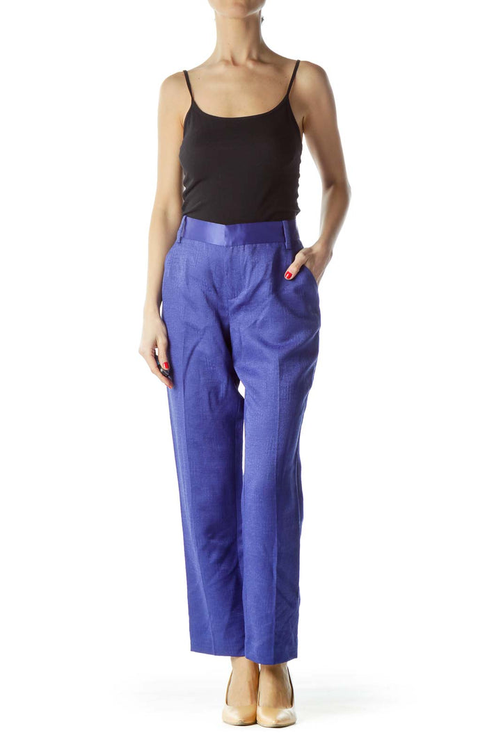 Blue Textured Pocketed Straight-Leg Pants