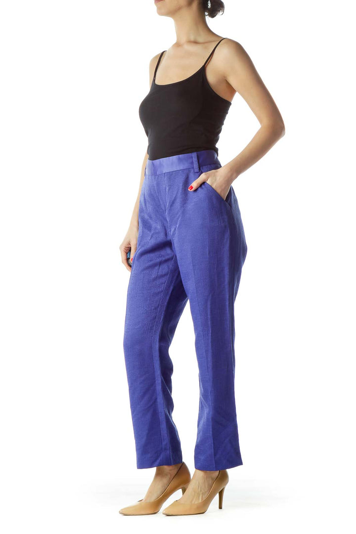 Blue Textured Pocketed Straight-Leg Pants