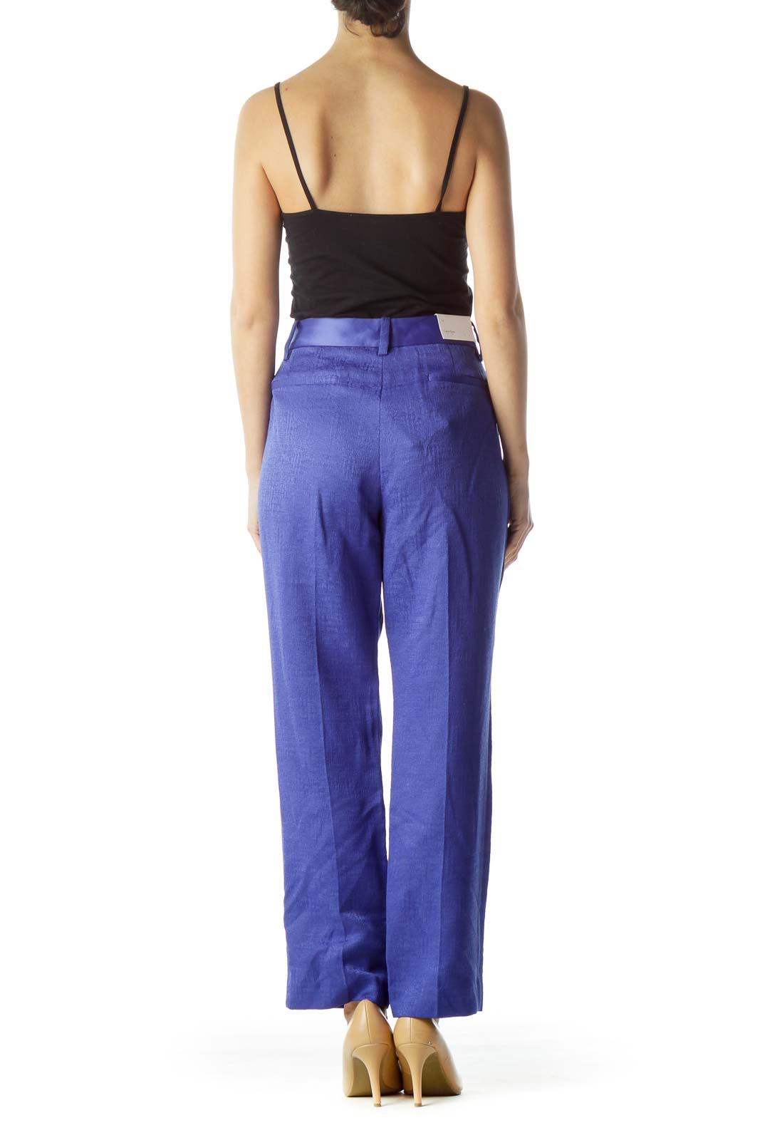 Blue Textured Pocketed Straight-Leg Pants