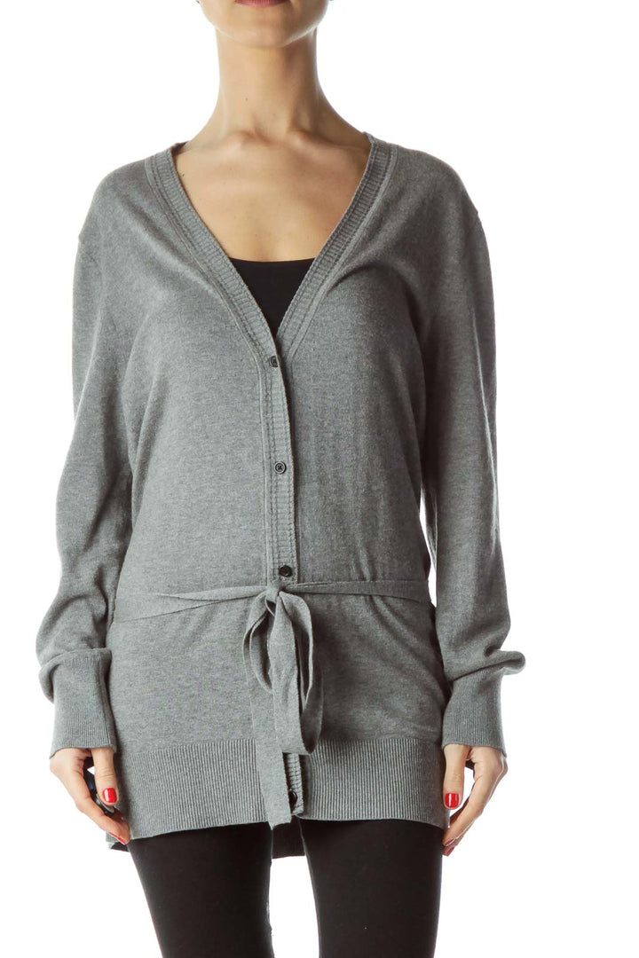 Front view of Banana Republic gray long cardigan with V-neck and waist-tie belt