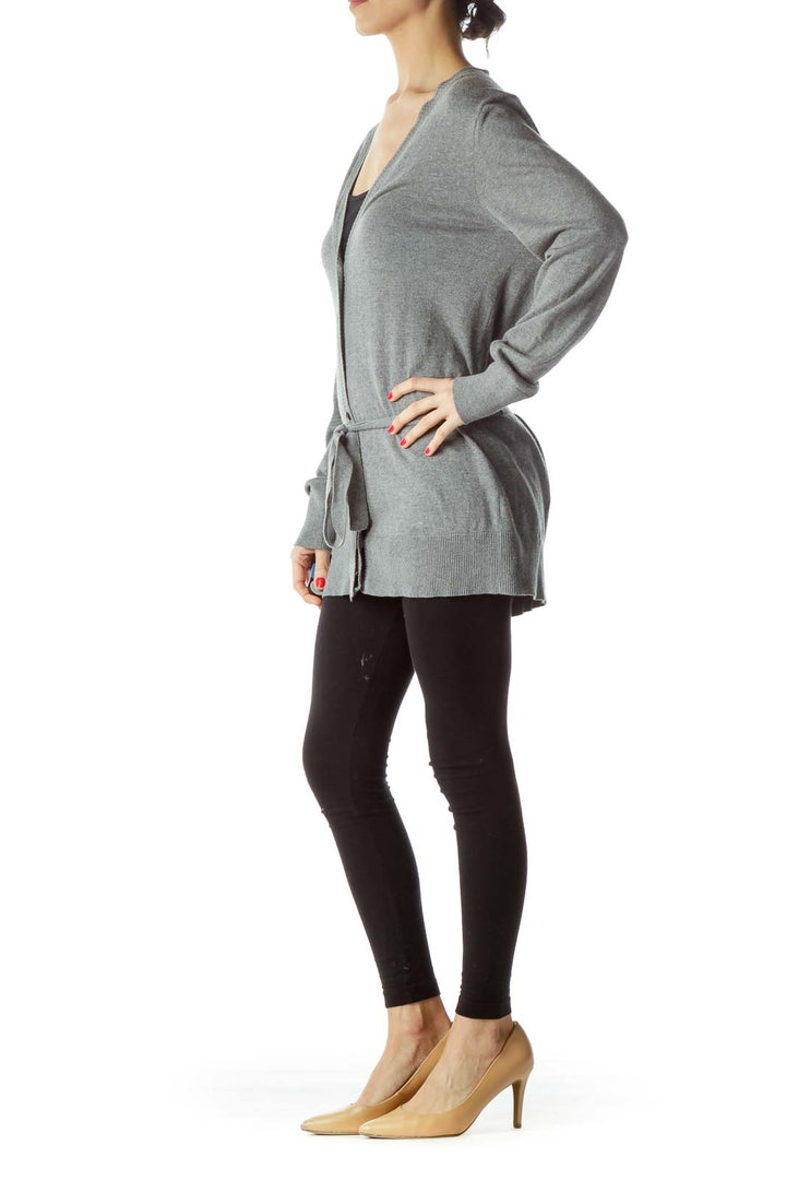 Front view of Banana Republic gray long cardigan with V-neck and waist-tie belt